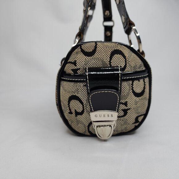 Guess Monogram Barrel Bag Satchel G Logo Canvas Black Patent Trim Purse Y2K - Picture 6 of 11
